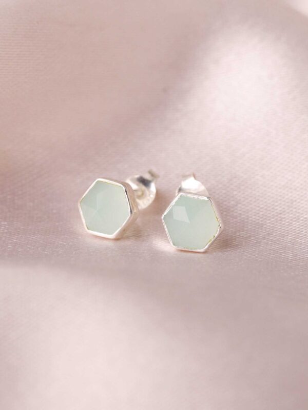 Aqua Calci Hexagon Stud Earrings,Natural Chalcedony March Birthstone,Handmade Sterling Silver Stud,Minimalist Dainty Women's Gifting Jewelry