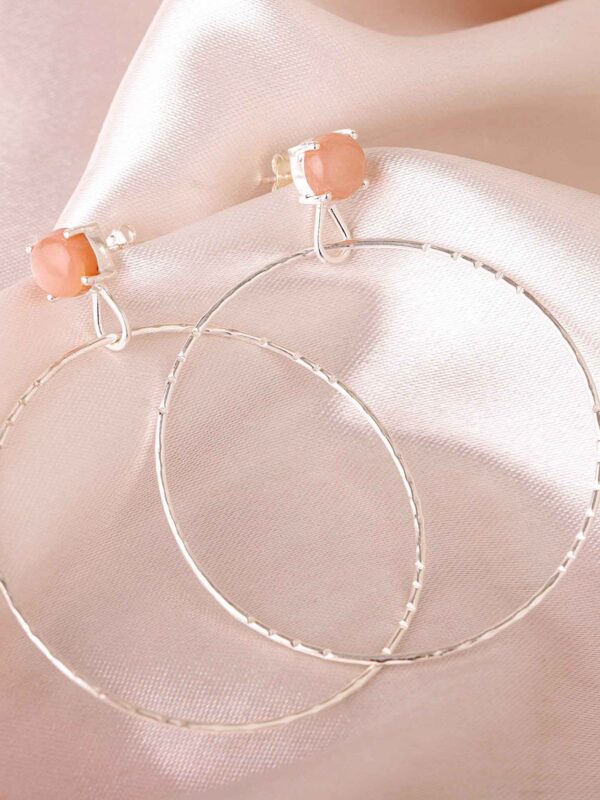 Peach Moonstone Big Hoop Earrings,Natural Moonstone June Birthstone,Handmade Sterling Silver Statement Earring,Minimalist Women Gift Jewelry