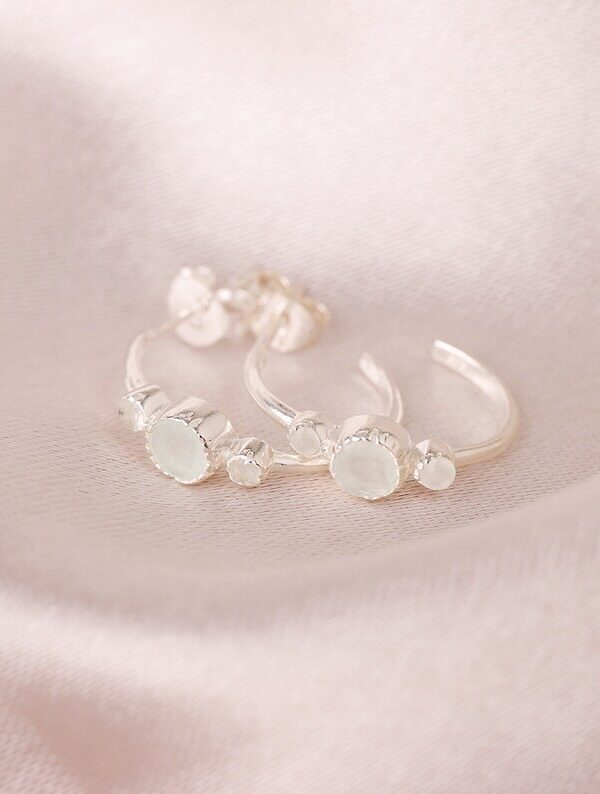 Sterling Silver Aqua Chalcedony Bali Hoop Earrings