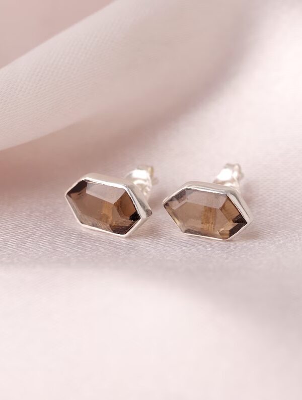 Sterling Silver Smoky Quartz Hexagon Stud Earrings