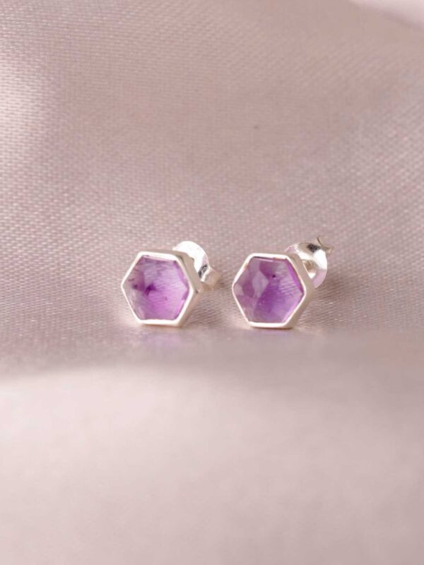 Pink Nano Hexagon Stud Earrings, Pink Nanosital Crystal Gemstone, Handmade Sterling Silver Studs, Minimalist Dainty Women's Gifting Jewelry