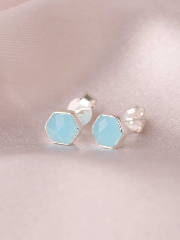 Blue Calci Hexagon Stud Earrings,Natural Chalcedony March Birthstone,Handmade Sterling Silver Stud,Minimalist Dainty Women's Gifting Jewelry