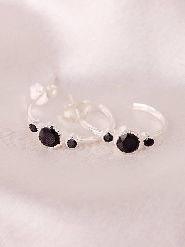 Sterling Silver Black Onyx Bali Hoop Earrings