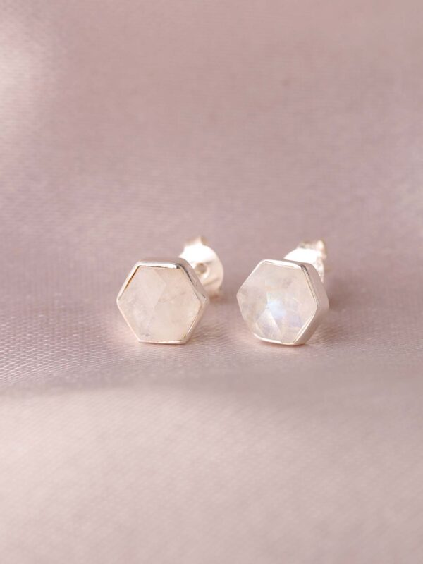 Rainbow Moonstone Hexagon Stud Earrings, Natural June Birthstone, Handmade Sterling Silver Studs, Minimalist Dainty Women's Gifting Jewelry